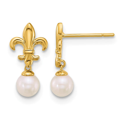 14k Polished Fleur de Lis 3-4mm Freshwater Cultured Pearl Post Dangle Earrings