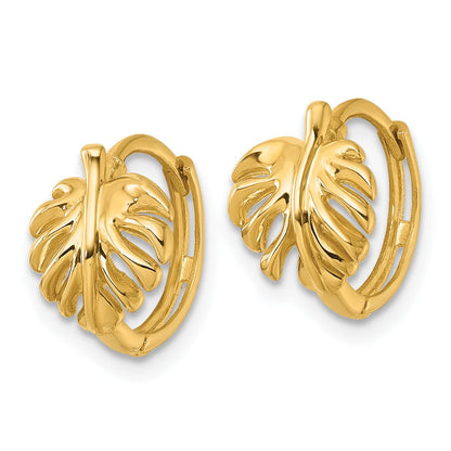 14k Polished Monstera Leaf Round Hinged Hoop Earrings