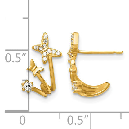 14k Polished CZ Double Butterfly Post Cuff Earrings