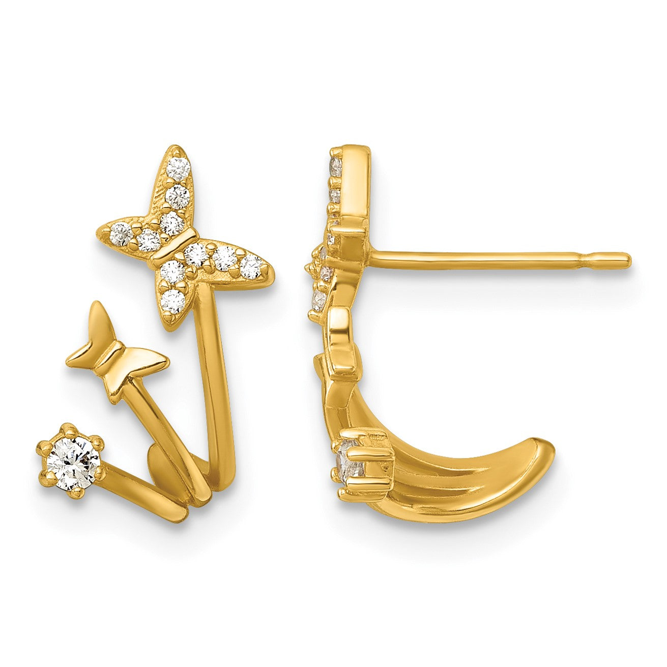 14k Polished CZ Double Butterfly Post Cuff Earrings
