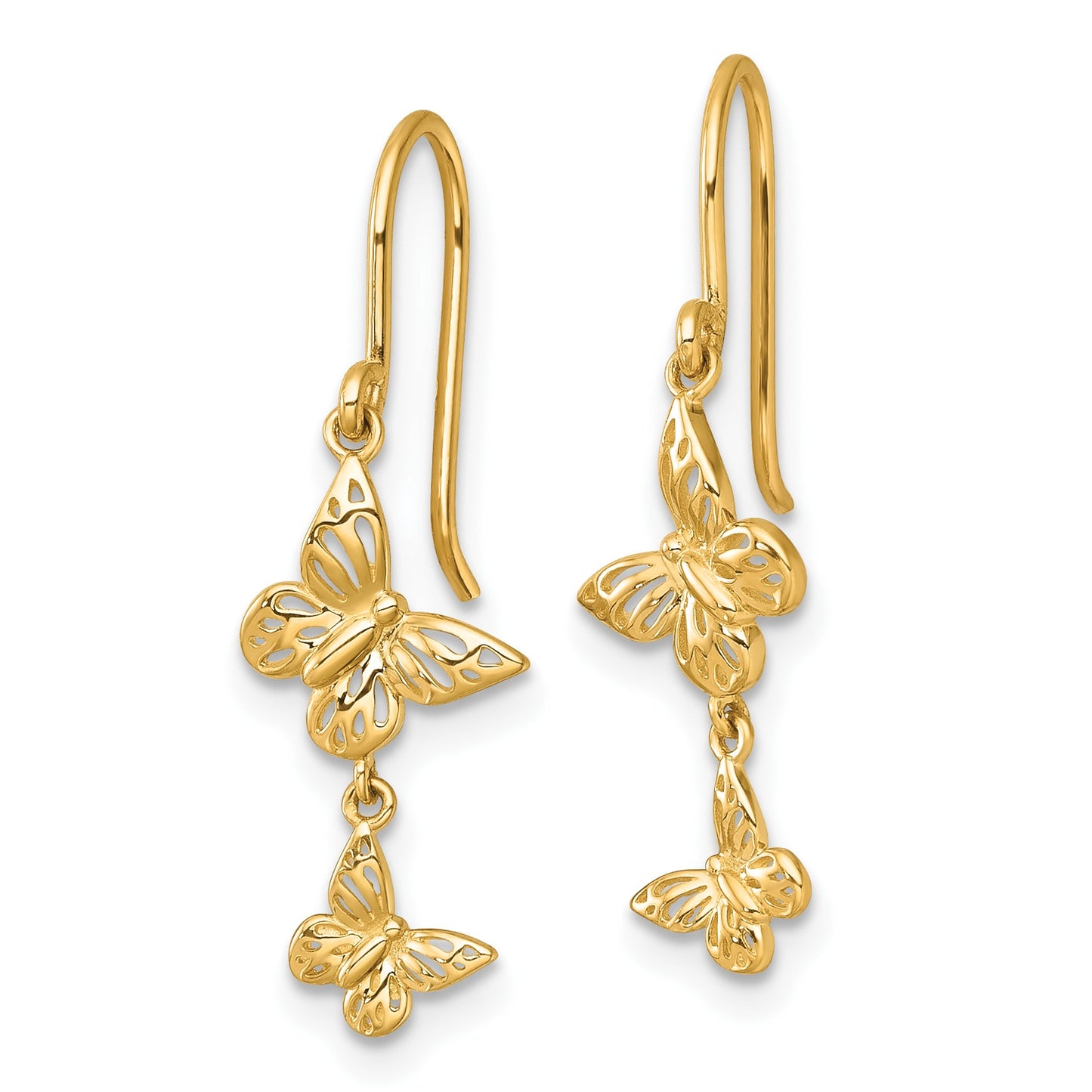 14k Polished Double Butterfly Dangle French Hook Earrings