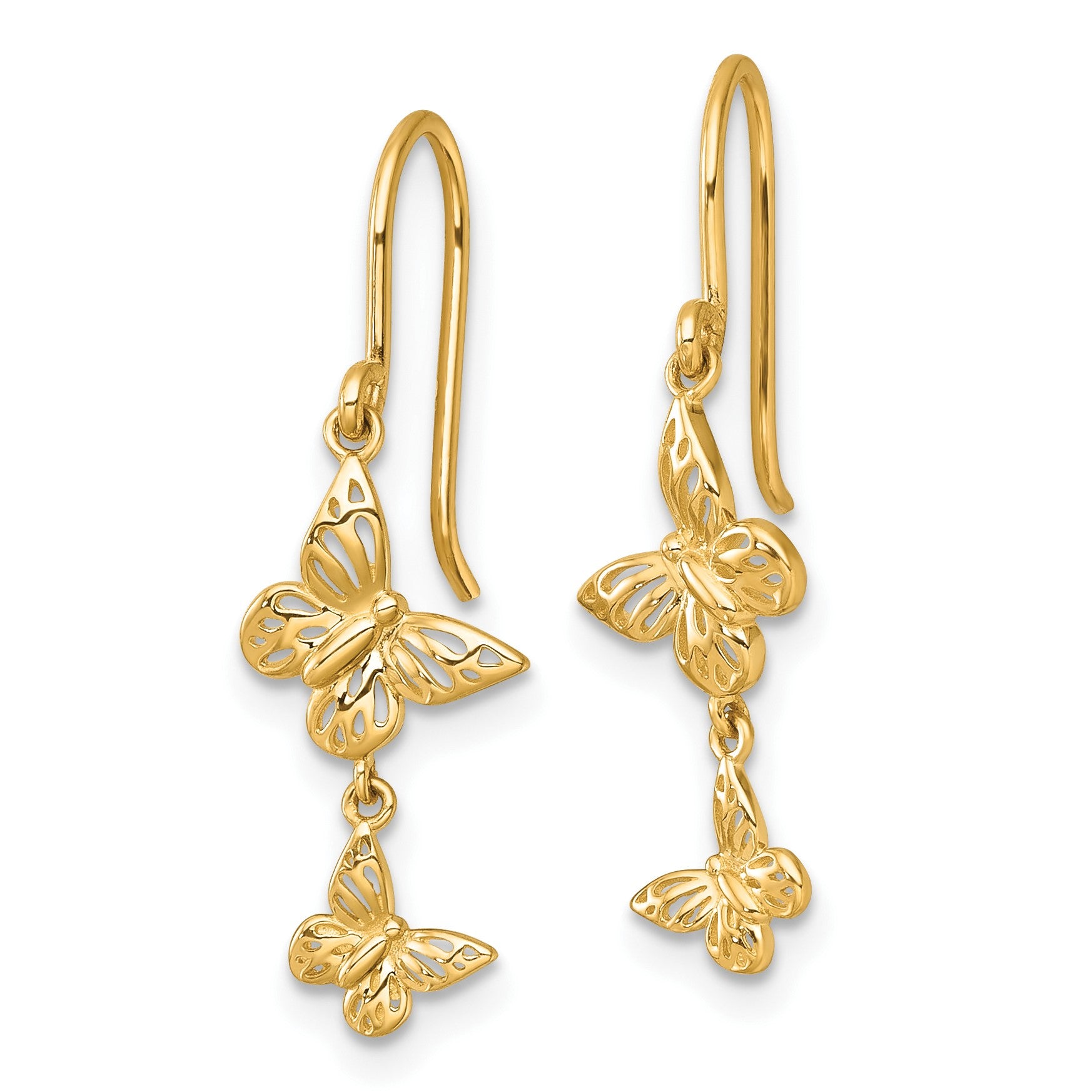 14k Polished Double Butterfly Dangle French Hook Earrings