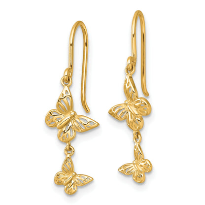 14k Polished Double Butterfly Dangle French Hook Earrings