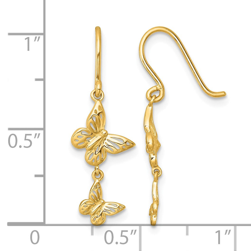 14k Polished Double Butterfly Dangle French Hook Earrings