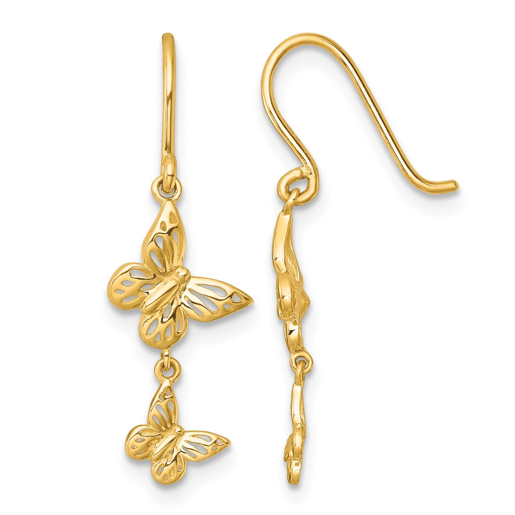 14k Polished Double Butterfly Dangle French Hook Earrings
