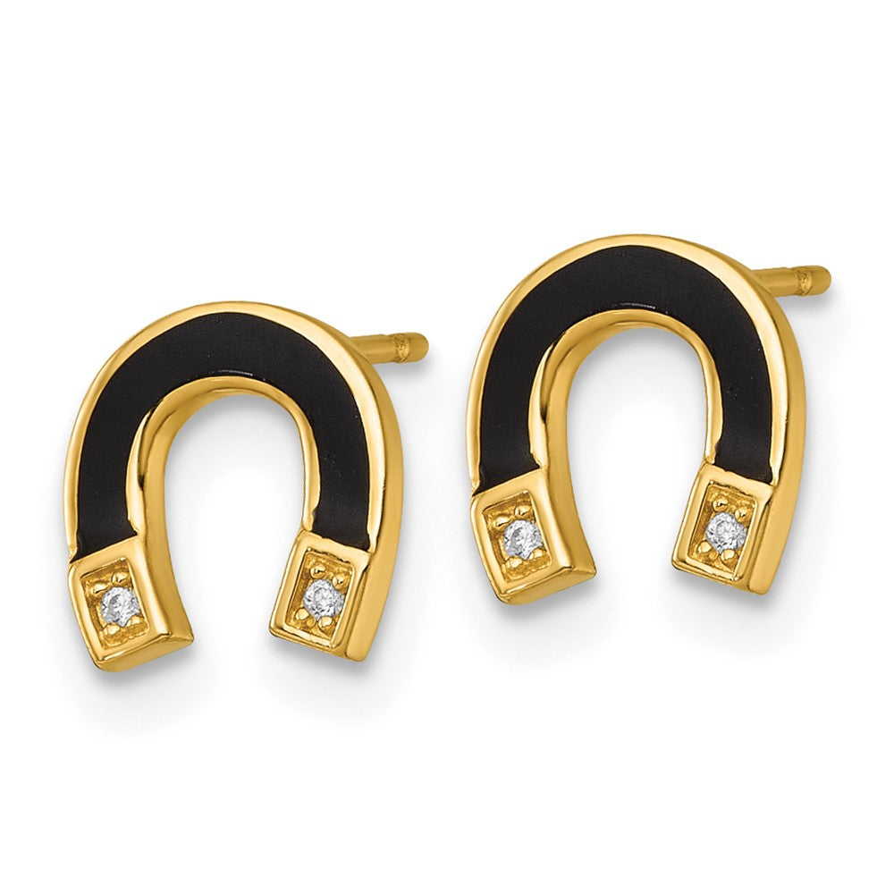 14k Polished Black Enamel and CZ Horseshoe Post Earrings