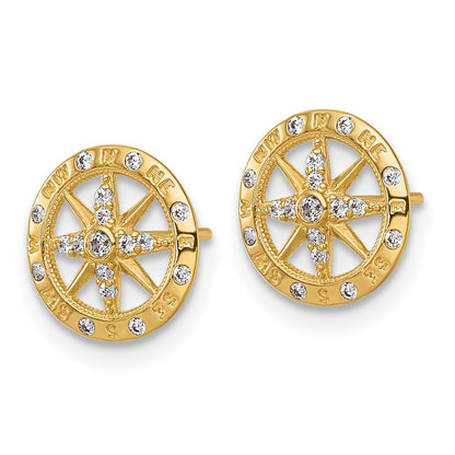 14k Polished White CZ Compass Post Earrings