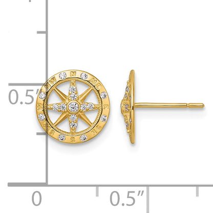 14k Polished White CZ Compass Post Earrings