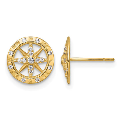 14k Polished White CZ Compass Post Earrings