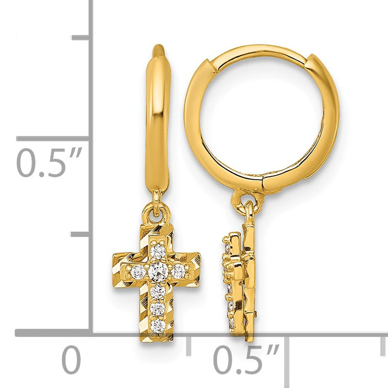 14k Polished and Diamond-cut Dangling CZ Cross Round Hinged Hoop Earrings