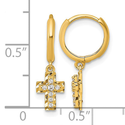 14k Polished and Diamond-cut Dangling CZ Cross Round Hinged Hoop Earrings