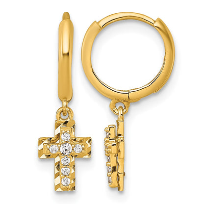 14k Polished and Diamond-cut Dangling CZ Cross Round Hinged Hoop Earrings