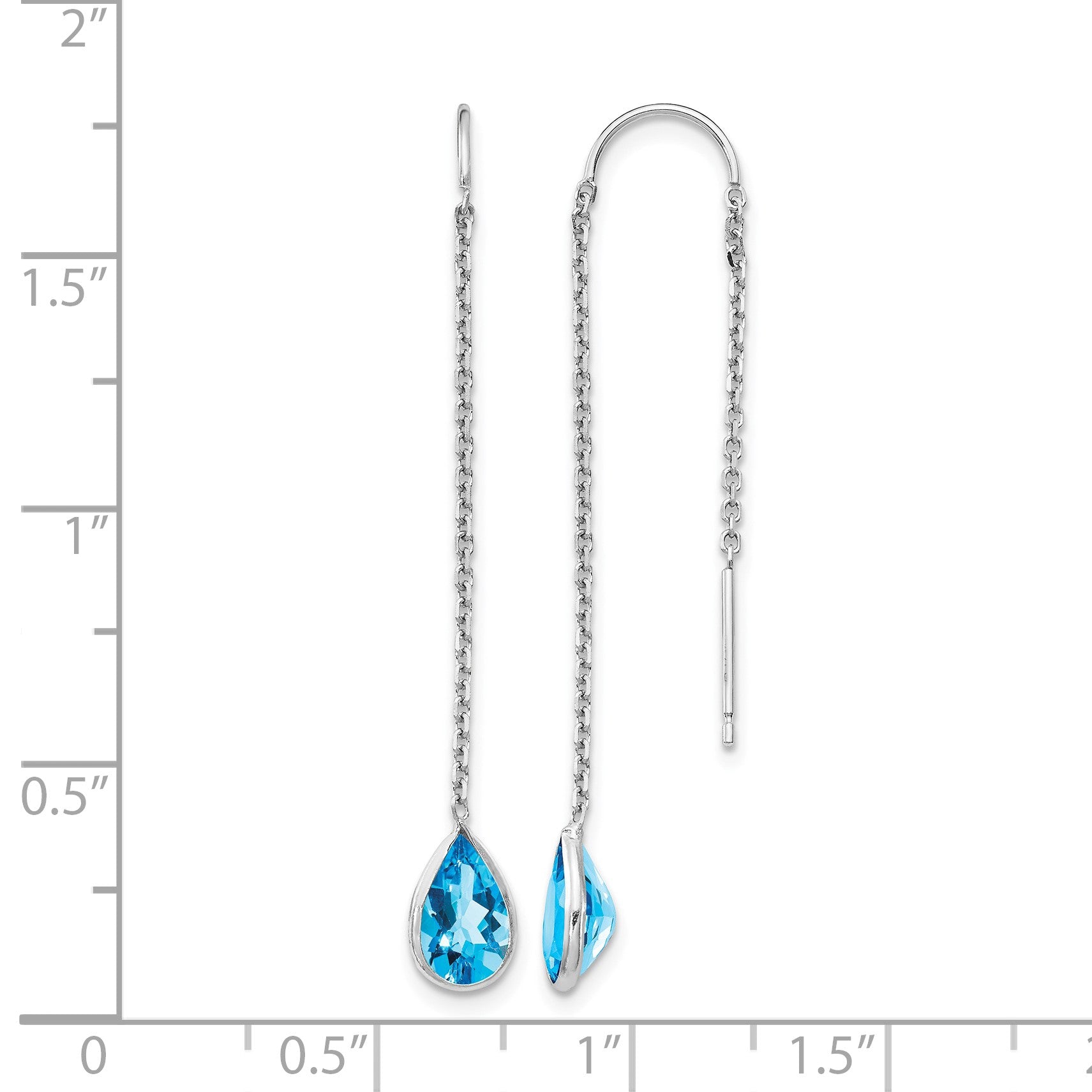 14k White Gold Blue Topaz Pear Bezel Threader Earrings