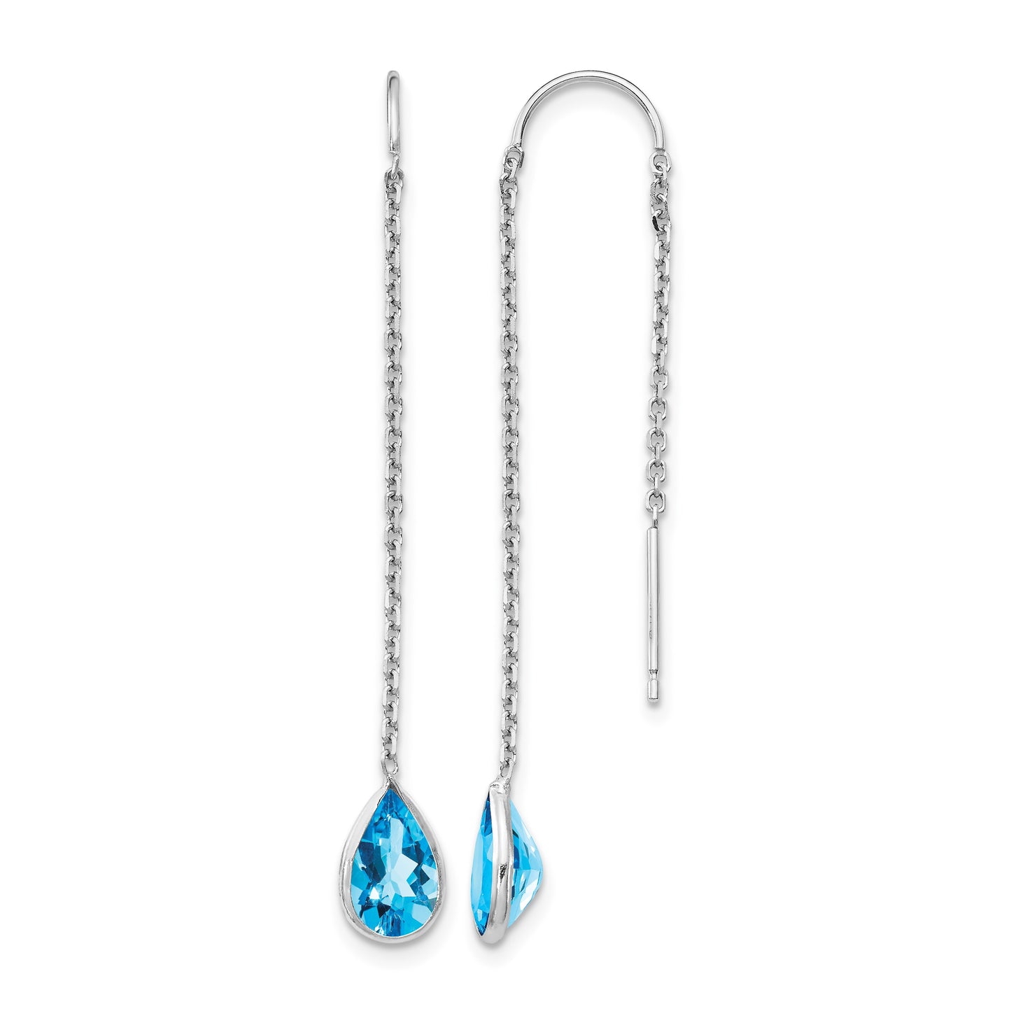 14k White Gold Blue Topaz Pear Bezel Threader Earrings