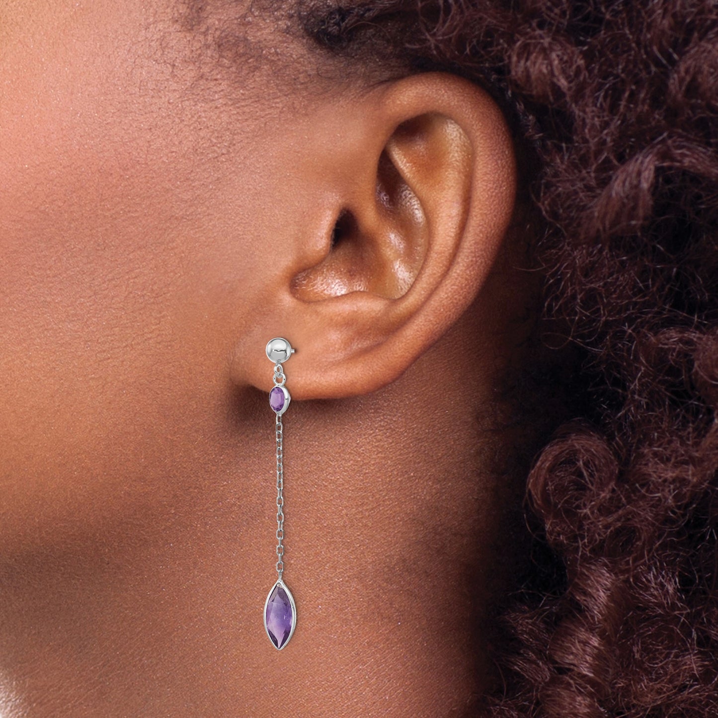 14k White Gold Amethyst Chain Post Dangle Earrings
