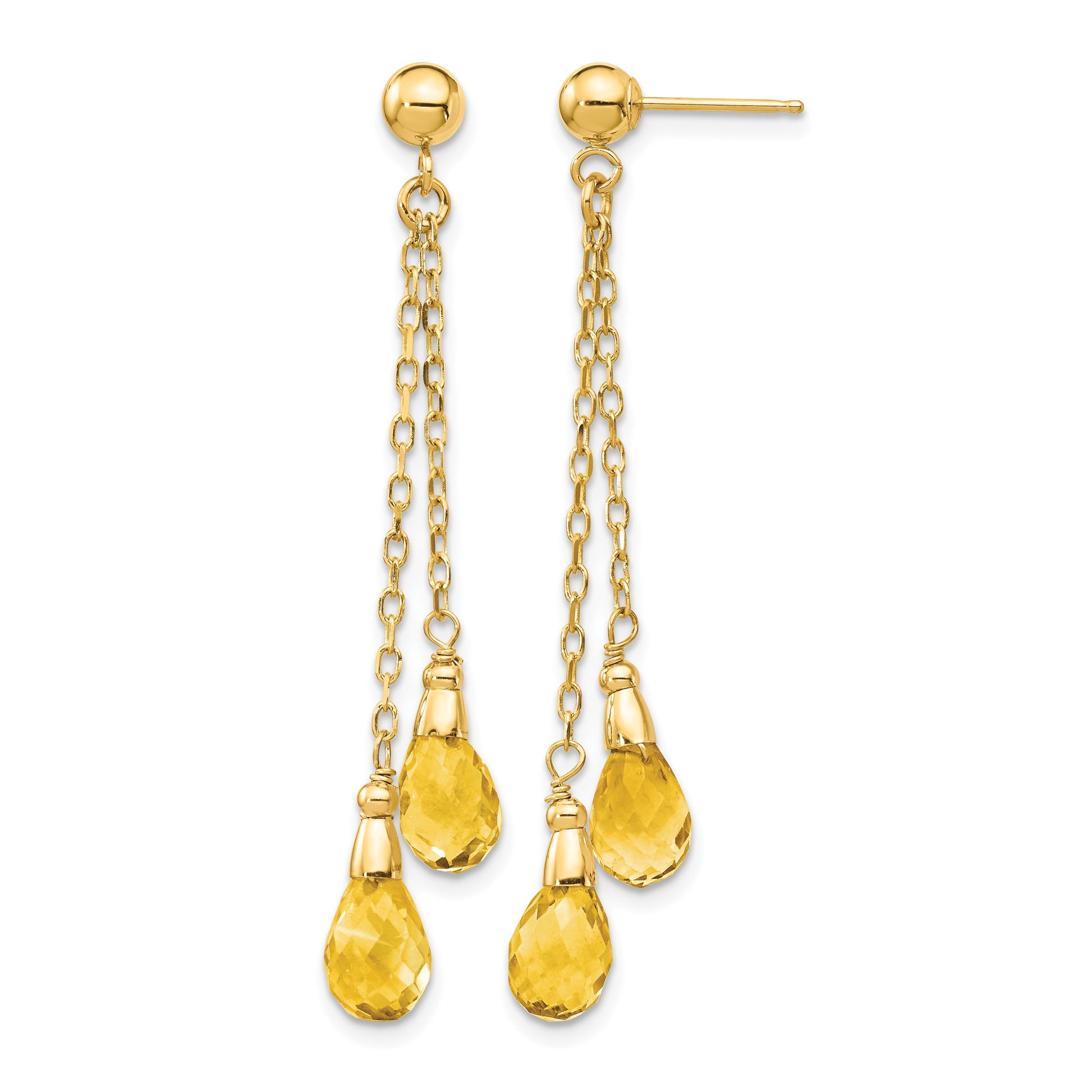 14k 7x5mm Teardrop Citrine Chain Dangle Post Earrings