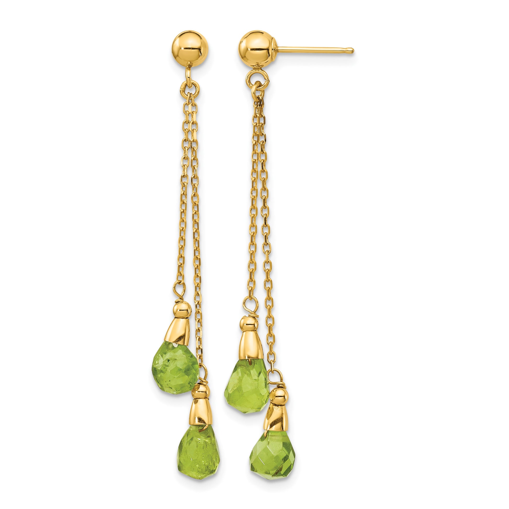 14k 7x5mm Teardrop Peridot Chain Dangle Post Earrings