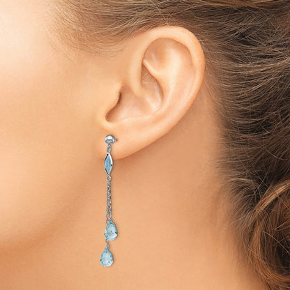 14k White Gold Blue Topaz Chain Dangle Post Earrings