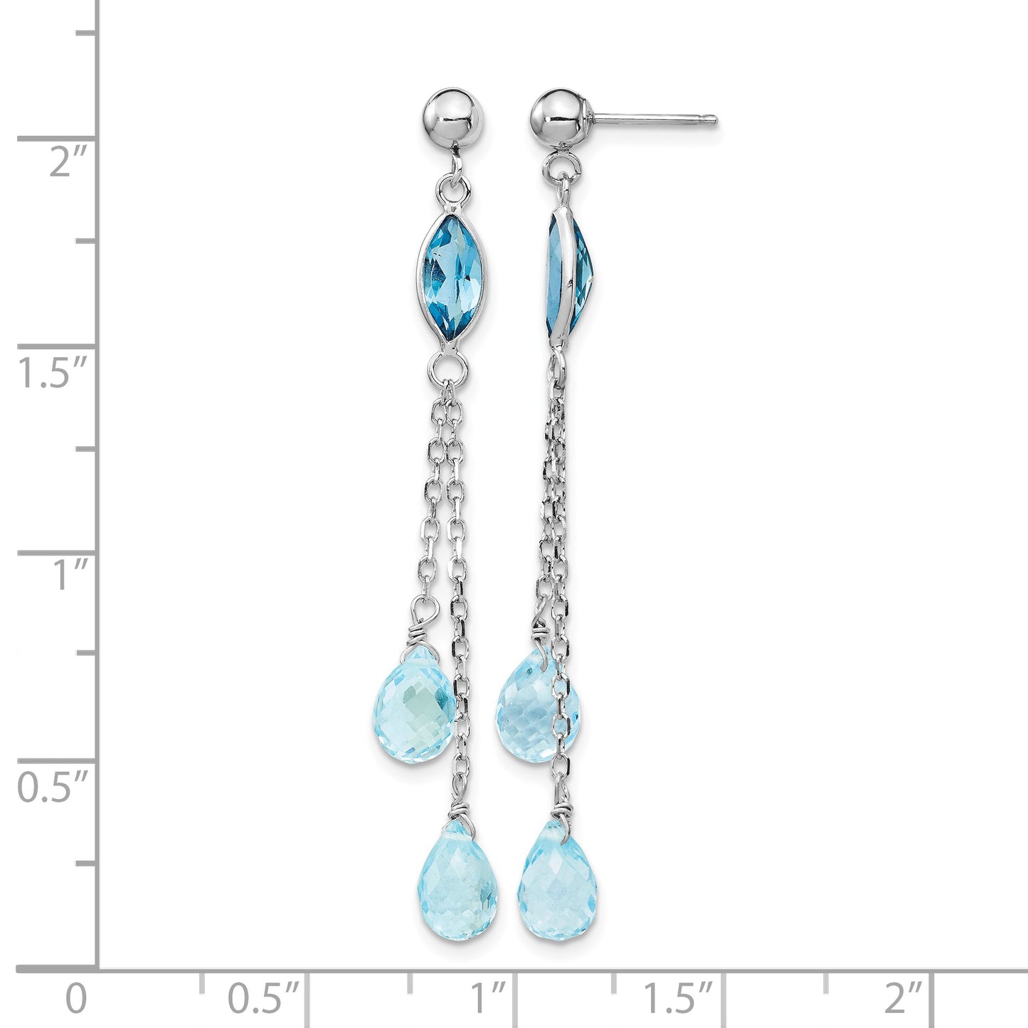 14k White Gold Blue Topaz Chain Dangle Post Earrings