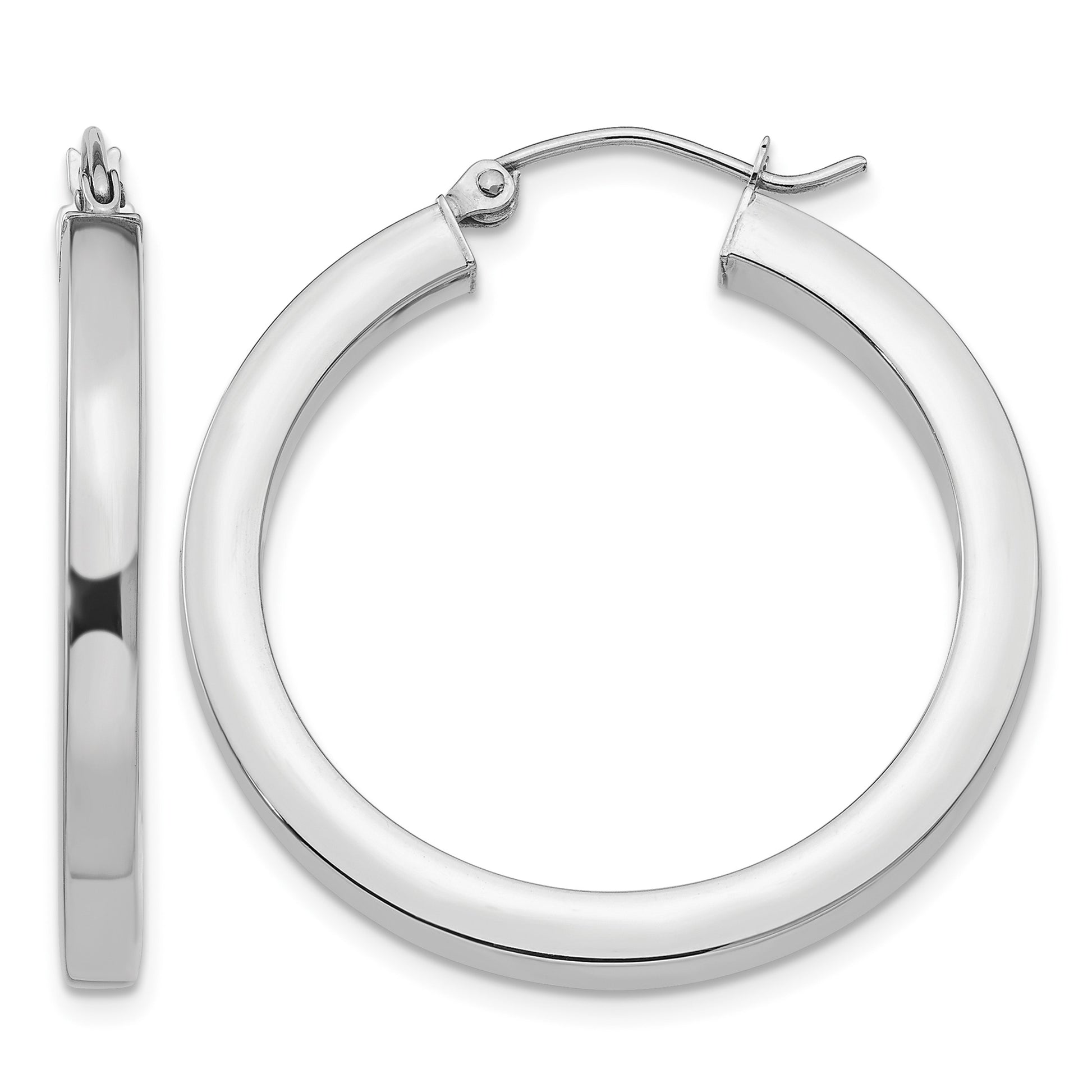 14k White Gold 3x30mm Polished Square Tube Hoop Earrings