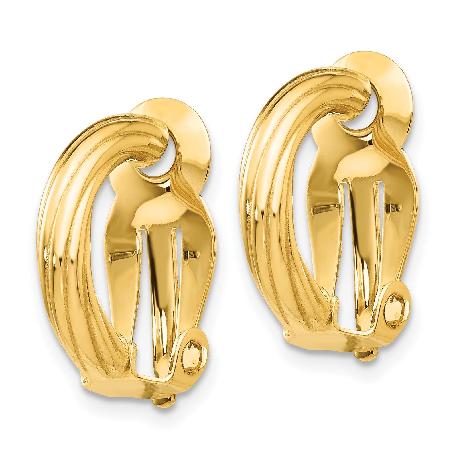14k 3x16mm Ribbed Half Hoop Omega Back Non-Pierced Earrings