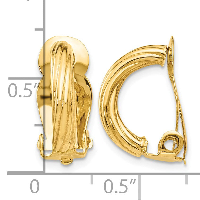 14k 3x16mm Ribbed Half Hoop Omega Back Non-Pierced Earrings