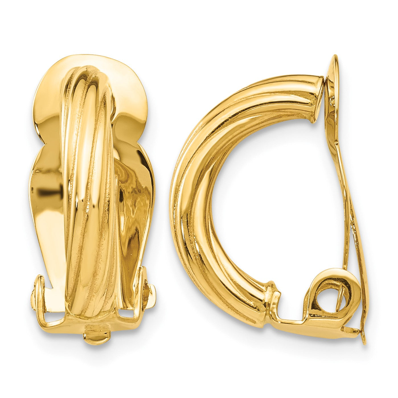 14k 3x16mm Ribbed Half Hoop Omega Back Non-Pierced Earrings