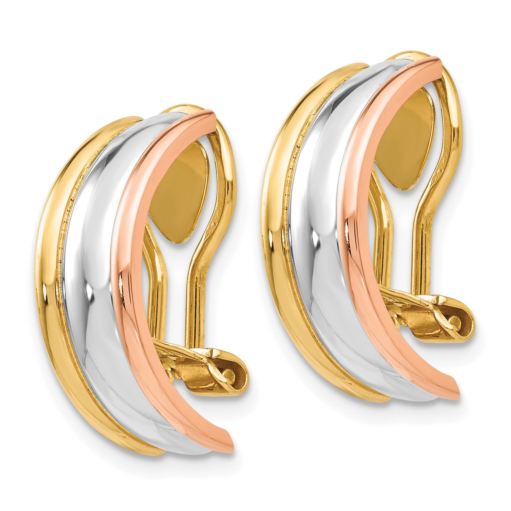 14k Tri-color 7x18mm Polished Half Hoop Omega Back Non-pierced Earrings
