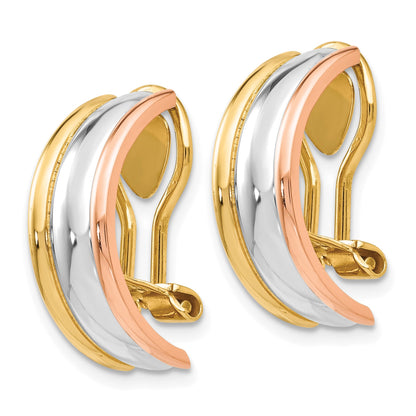 14k Tri-color 7x18mm Polished Half Hoop Omega Back Non-pierced Earrings