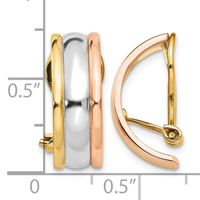 14k Tri-color 7x18mm Polished Half Hoop Omega Back Non-pierced Earrings
