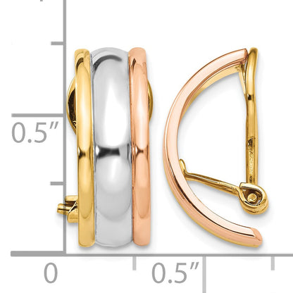 14k Tri-color 7x18mm Polished Half Hoop Omega Back Non-pierced Earrings