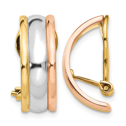 14k Tri-color 7x18mm Polished Half Hoop Omega Back Non-pierced Earrings
