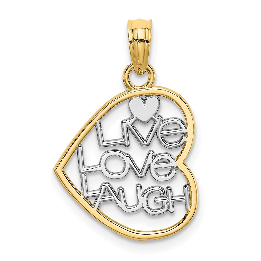 14k Yellow Gold and Rhodium LIVE LOVE LAUGH In Heart Charm Pendant