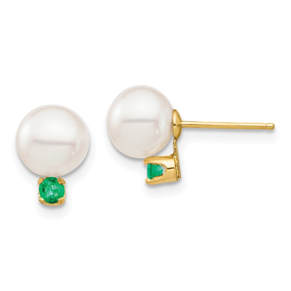 14k Yellow Gold 7-7.5mm Freshwater Cultured Pearl and Emerald Stud Earrings