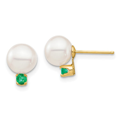 14k Yellow Gold 7-7.5mm Freshwater Cultured Pearl and Emerald Stud Earrings