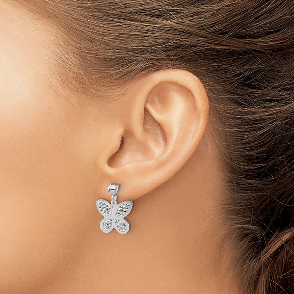Sterling Silver Rhodium Plated Polished Beaded Butterfly Dangle Earrings