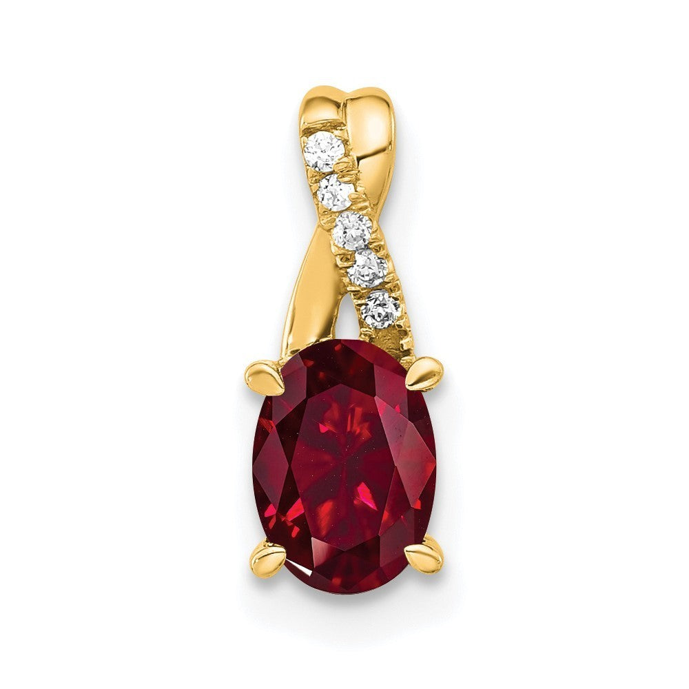 14k Yellow Gold Oval Created Ruby and Diamond Pendant