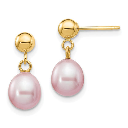 14k Yellow Gold 6-7mm Purple Rice Freshwater Cultured Pearl Dangle Earrings