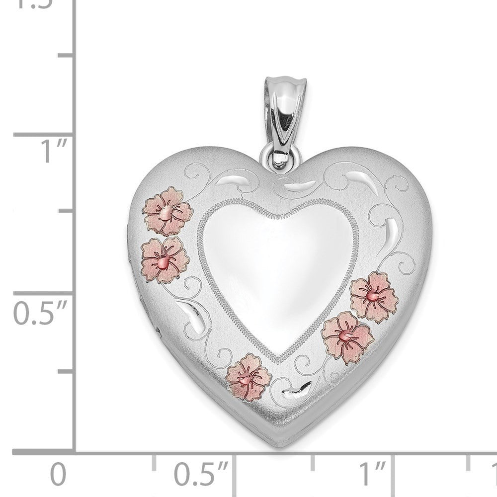Sterling Silver Rhodium-plated 24mm Enameled Floral Border Heart Locket Pendant