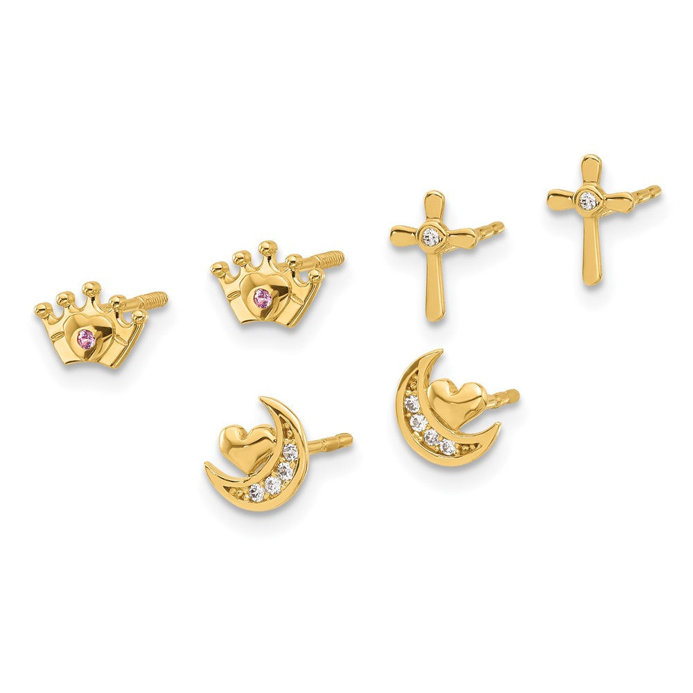 14k Yellow Gold Polished CZ Moon Cross and Crown Earring Set
