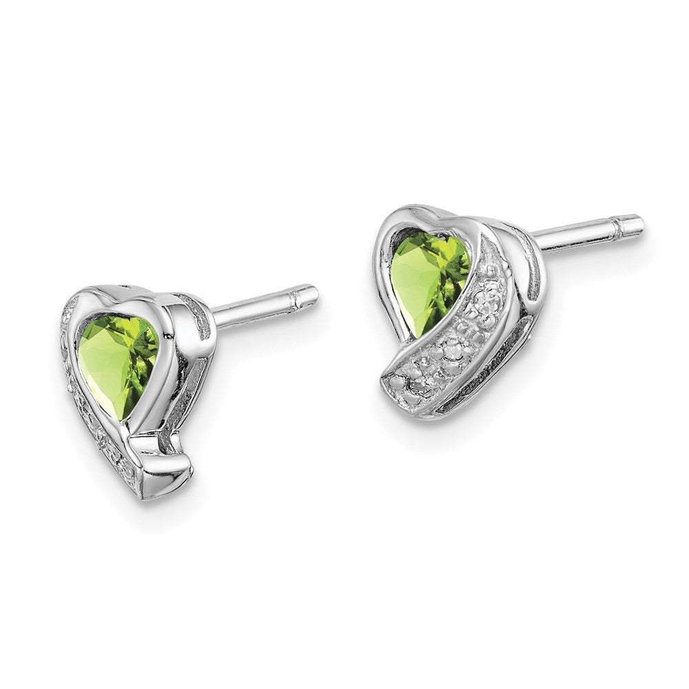 Sterling Silver Rhodium-plated Peridot and Diamond Heart Button Stud Earrings