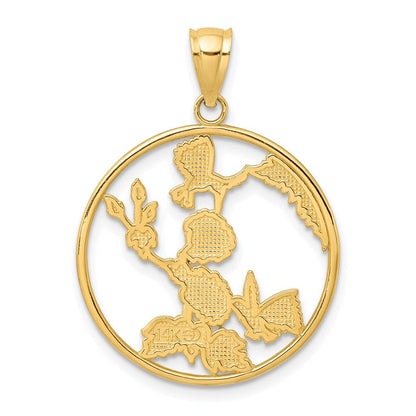 14k Yellow Gold Enamel Hummingbirds and Flowers In Circle Charm Pendant