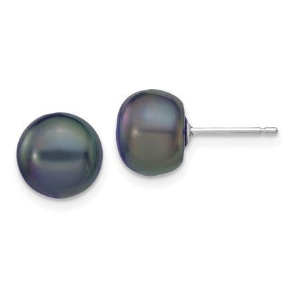 14k White Gold 8-9mm Black Button Freshwater Cultured Pearl Stud Earrings