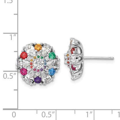 Sterling Silver Rh-pltd Rainbow Nano Crystal and Clear CZ Button Stud Earrings