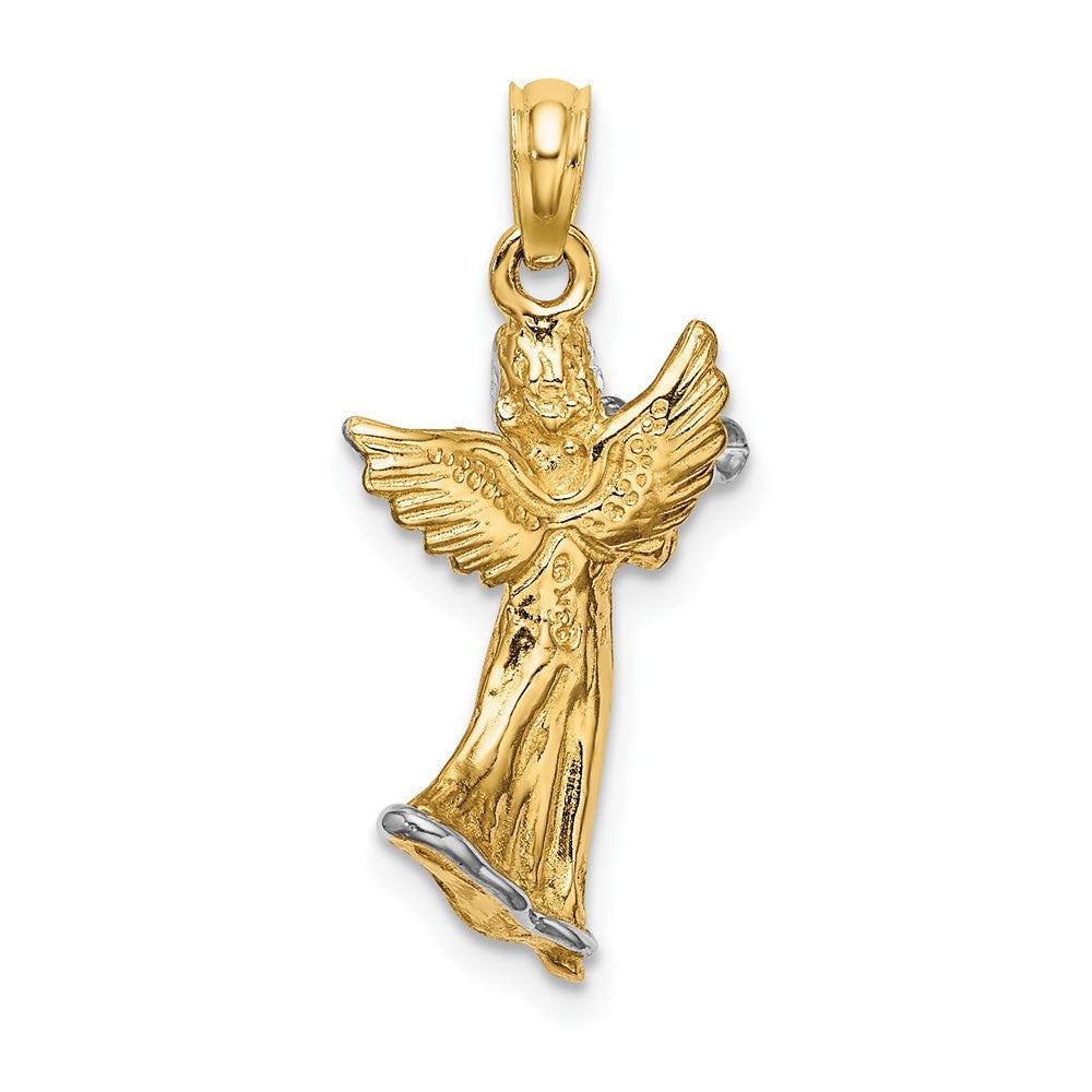 14k Yellow Gold White Rhodium 3-D Angel Playing Trumpet Charm Pendant