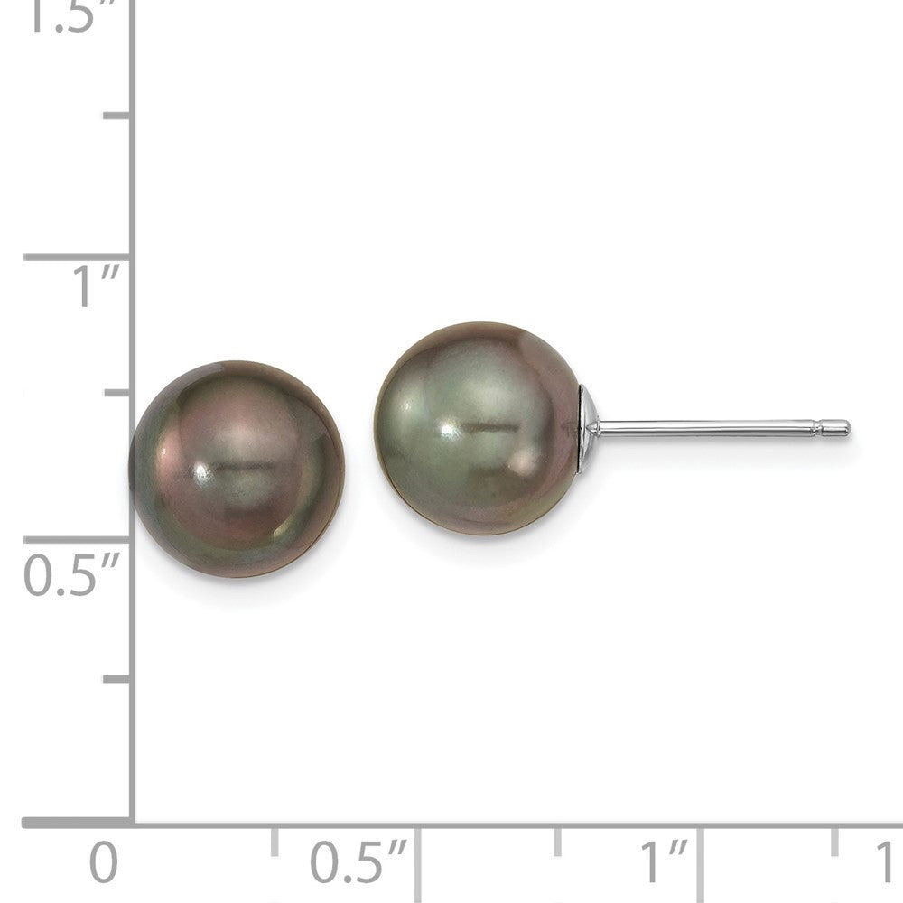 14k White Gold 10mm Black Round Tahitian Saltwater Cultured Pearl Stud Earrings