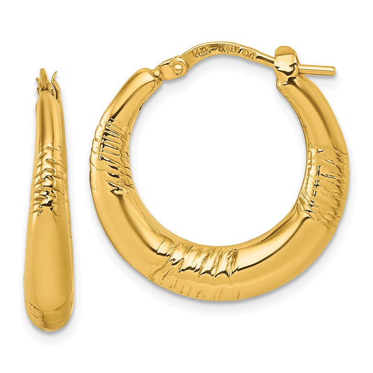 14k Yellow Gold Polished and Grooved Round Hoop earrings