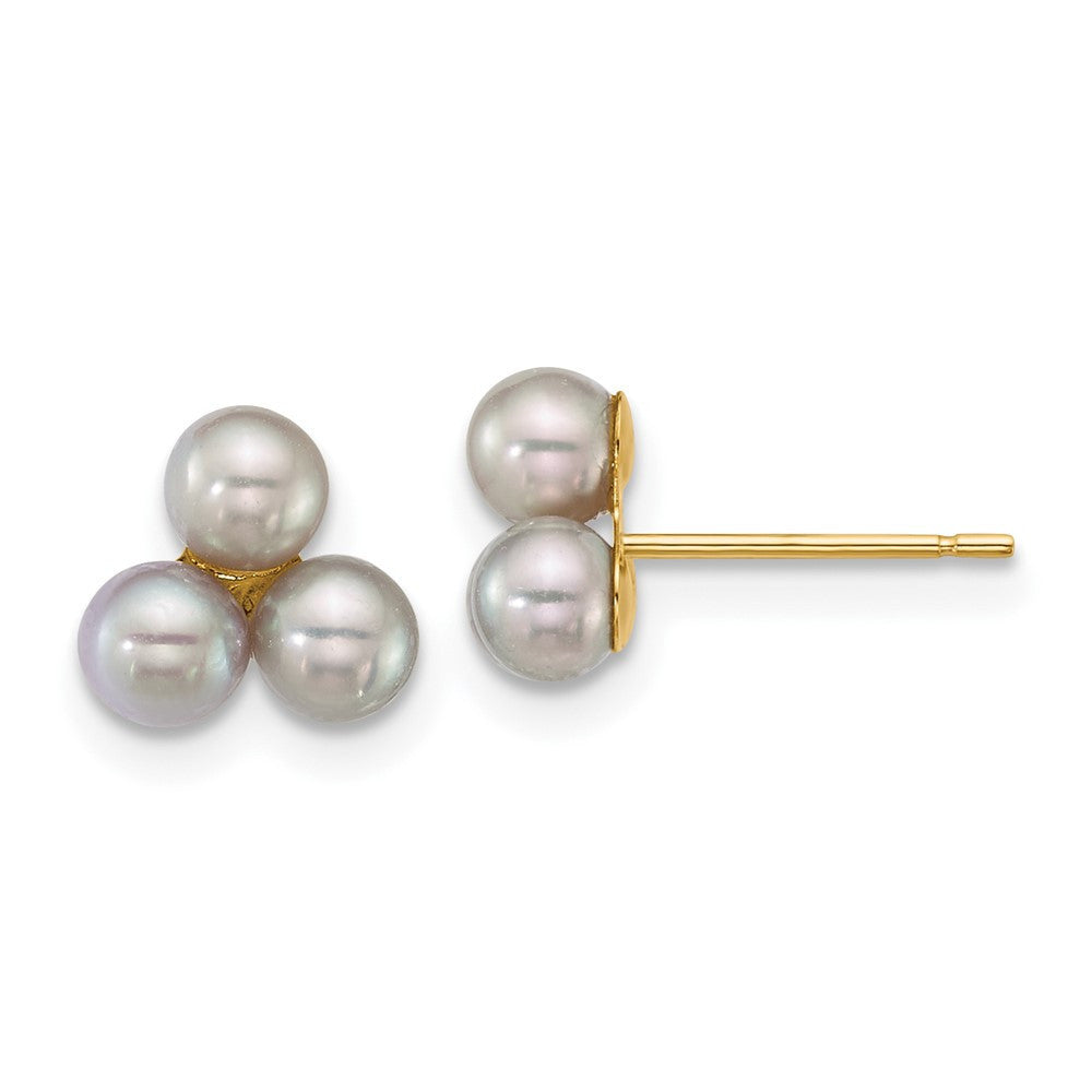 14k Yellow Gold 3-4mm Button Grey Freshwater Cultured 3-Pearl Stud Earrings