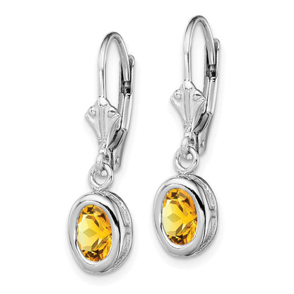 Sterling Silver Rhodium Plated 7x5mm Oval Citrine Leverback Dangle Earrings