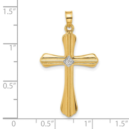 14k Yellow Gold Polished and Grooved Hollow Diamond Cross Pendant